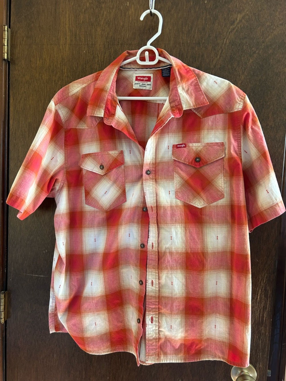 Wrangler Men's Red/salmon Plaid Short-Sleeve Western Shirt XL